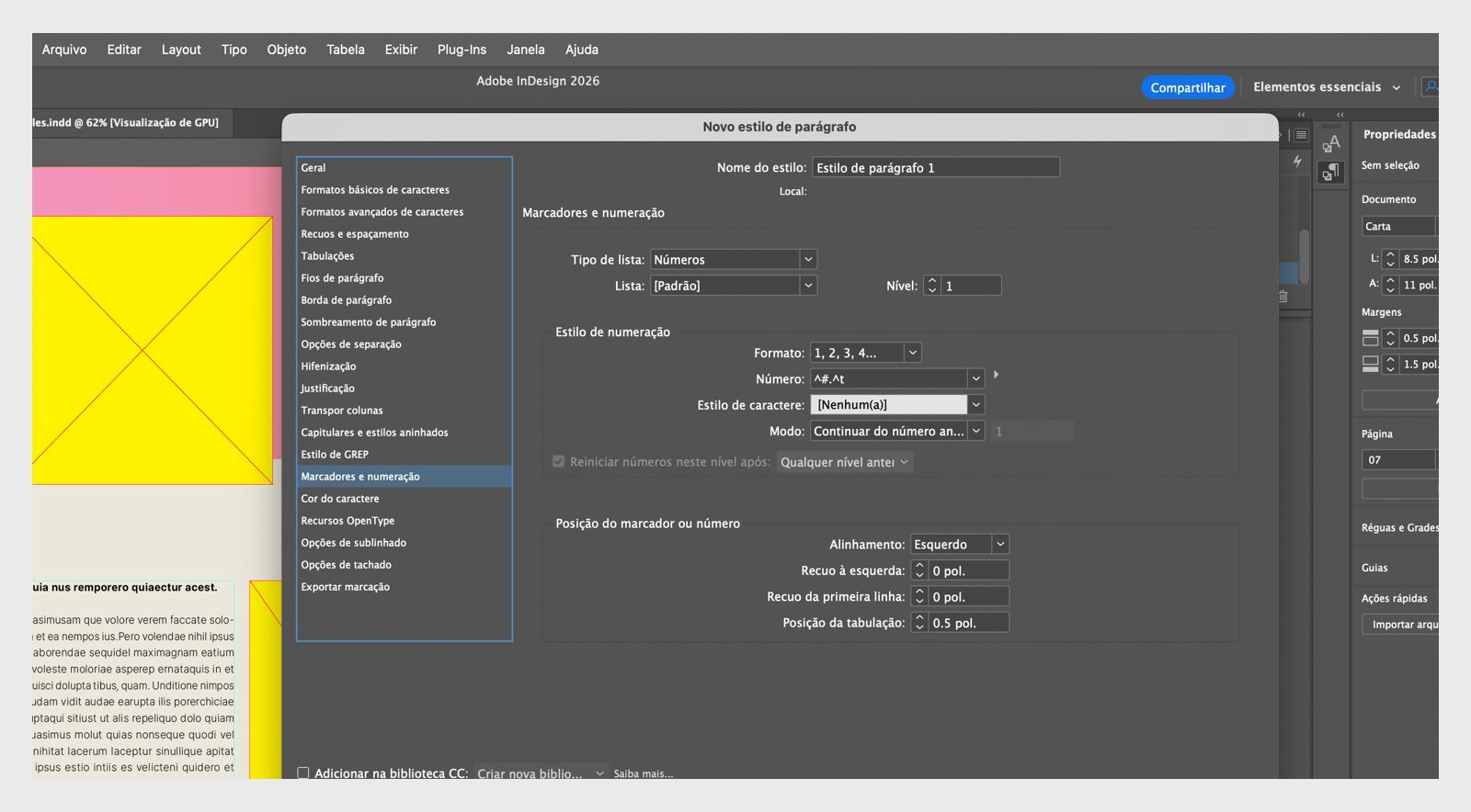 Painel de Estilos de Parágrafo mostrando opções de marcadores e numeração usadas para criar uma lista contínua no InDesign.
