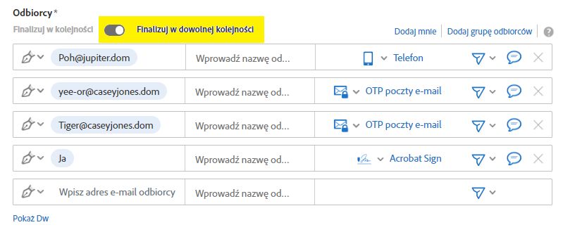 Podpis równoległy na stronie Wyślij