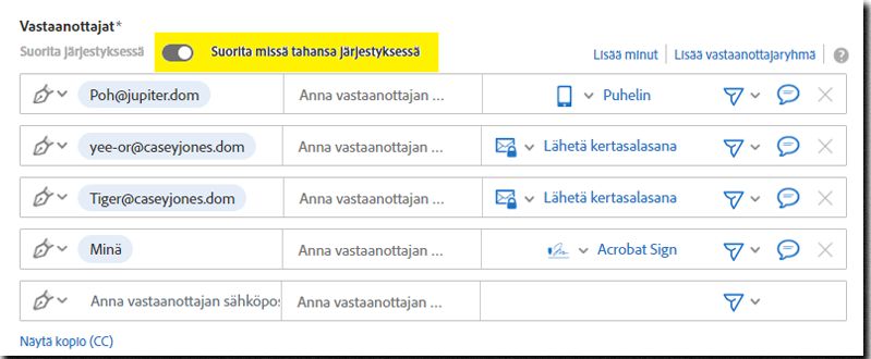 Rinnakkainen allekirjoitus Lähetä-sivulla