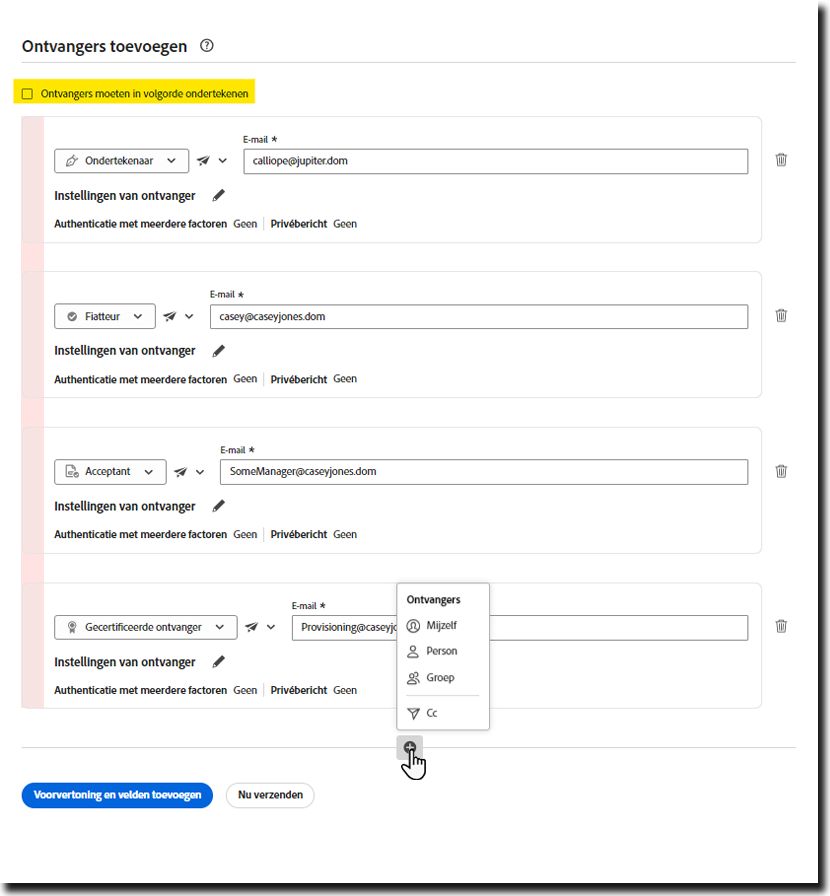 Parallelle configuratie van handtekeningen op de pagina Verzenden met het uitgeschakelde besturingselement Ontvangers moeten in volgorde ondertekenen gemarkeerd