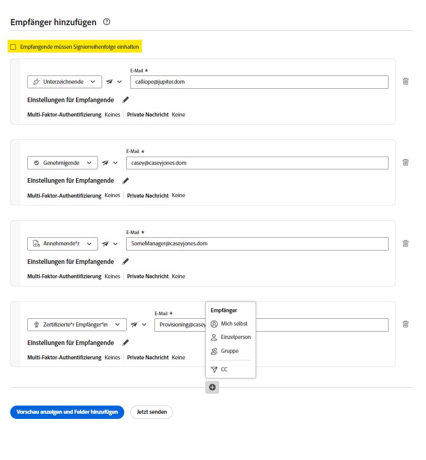 Konfiguration für parallele Signatur auf der Seite „Senden“ mit markiertem deaktiviertem Steuerelement „Signierreihenfolge muss eingehalten werden“