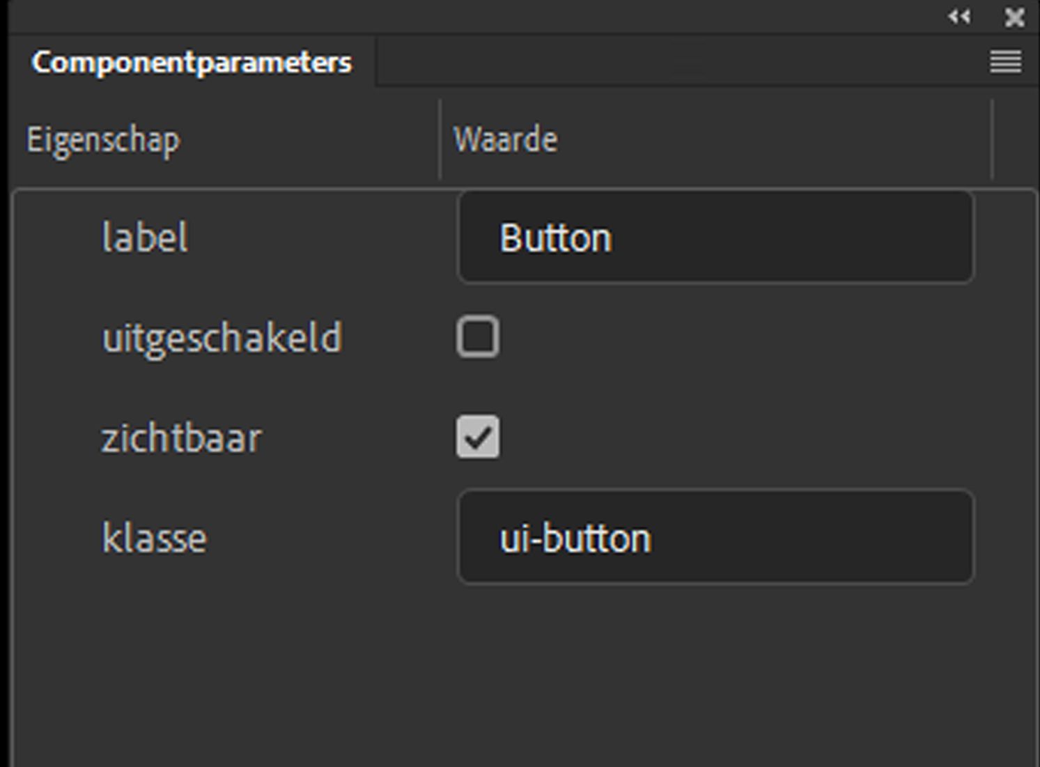 Deelvenster met componentparameters