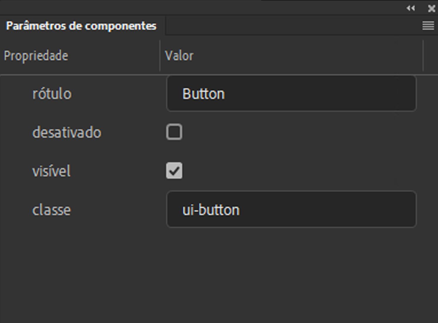 Painel de parâmetros do componente