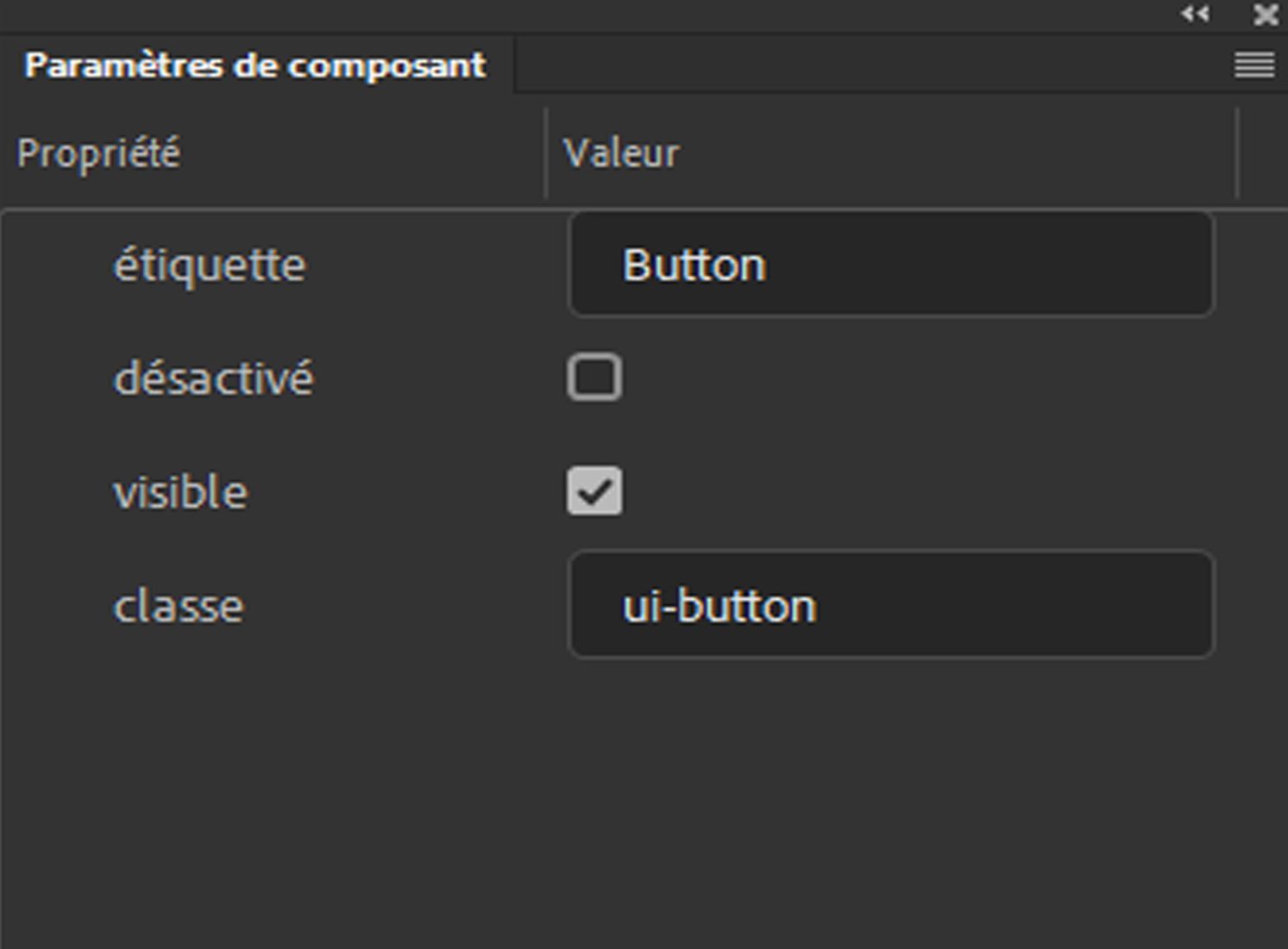 Panneau Paramètres de composant