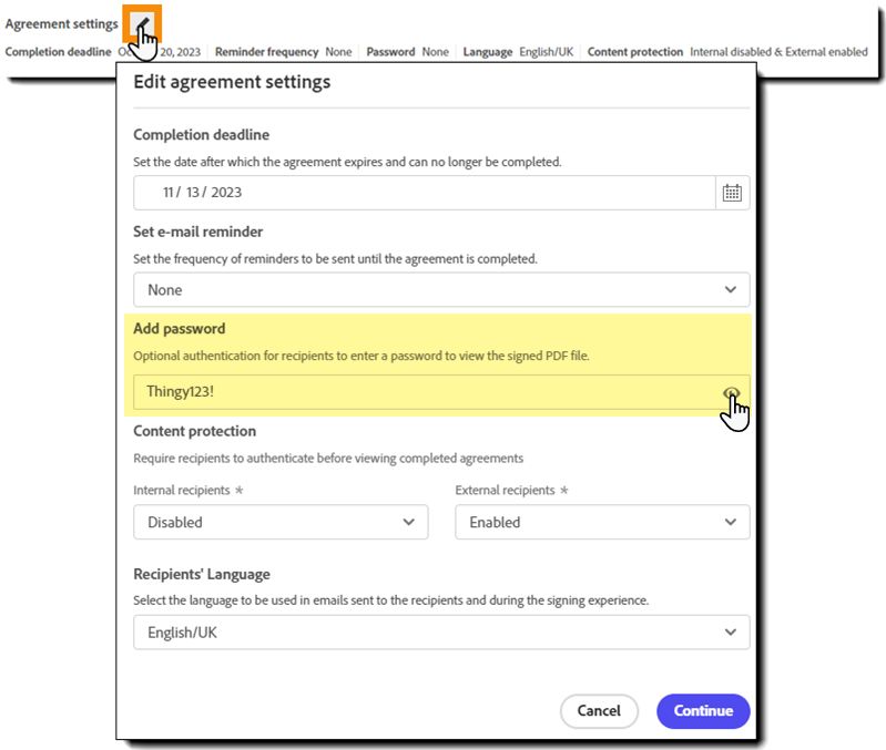 O painel de configurações do contrato com o campo de senha realçado