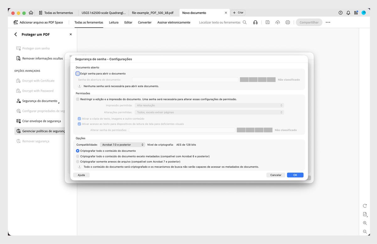 Caixa de diálogo Segurança de senha – Configurações mostrando opções de senha, permissão e compatibilidade.