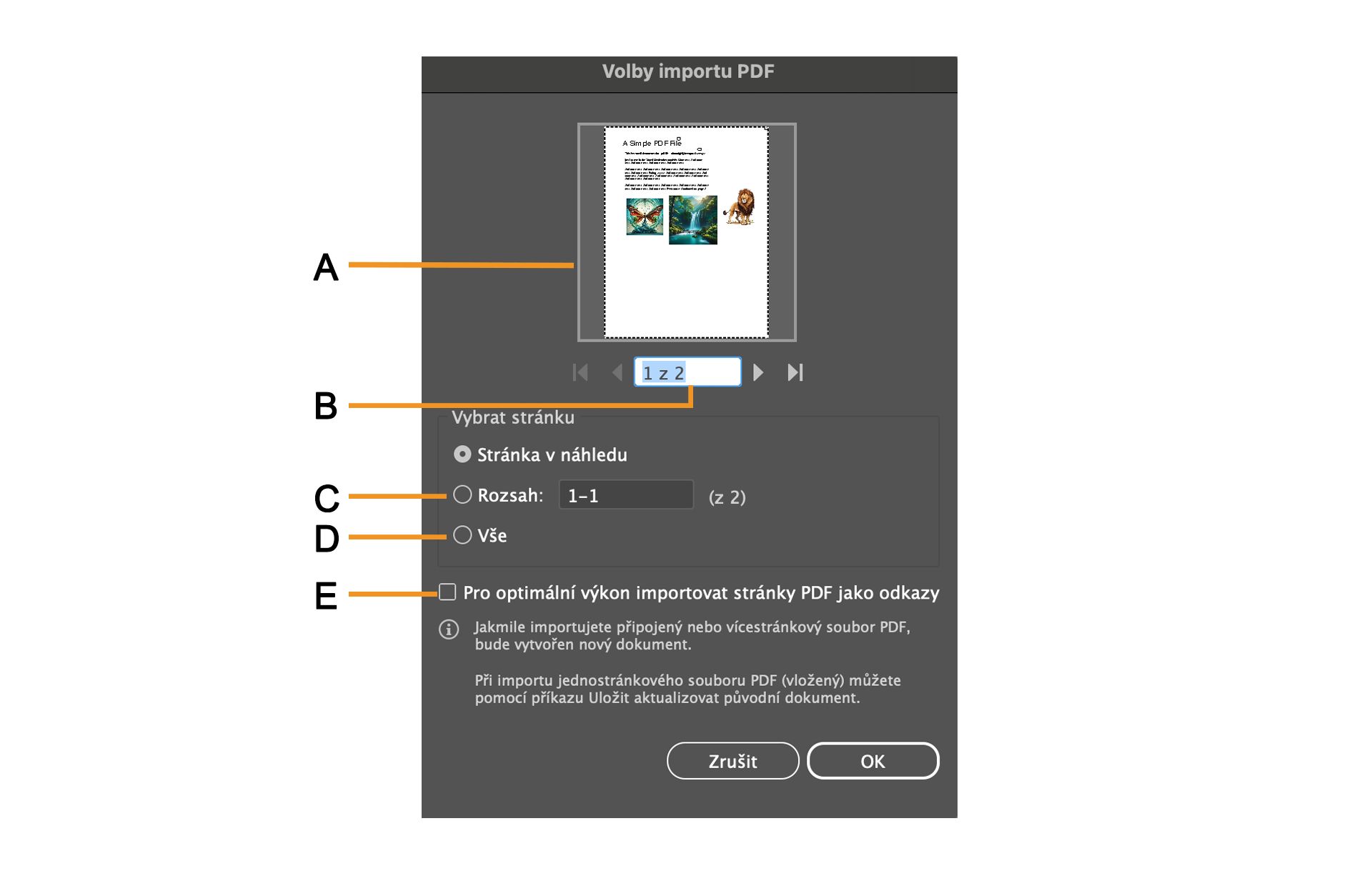 Dialogové okno Možnosti importu PDF s možnostmi pro výběr konkrétních stránek.