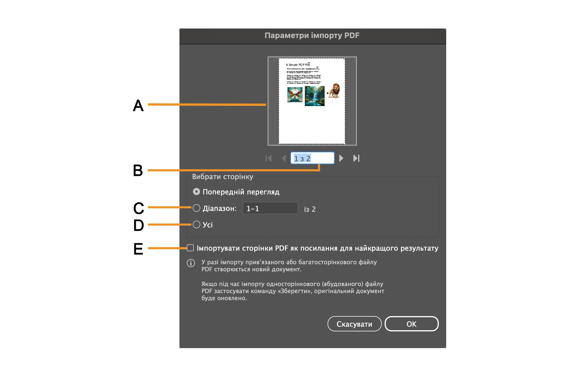 Діалогове вікно «Параметри імпорту PDF» з параметрами для вибору певних сторінок.