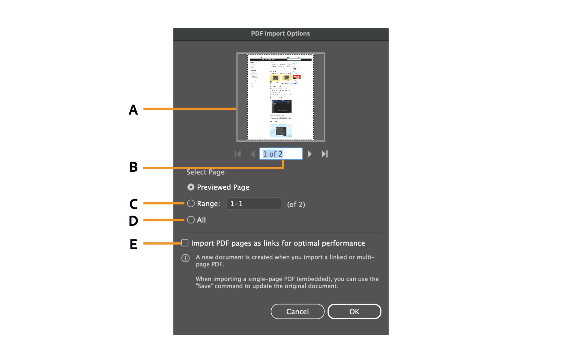 مربع حوار PDF Import Options مع خيارات لتحديد صفحات معينة.