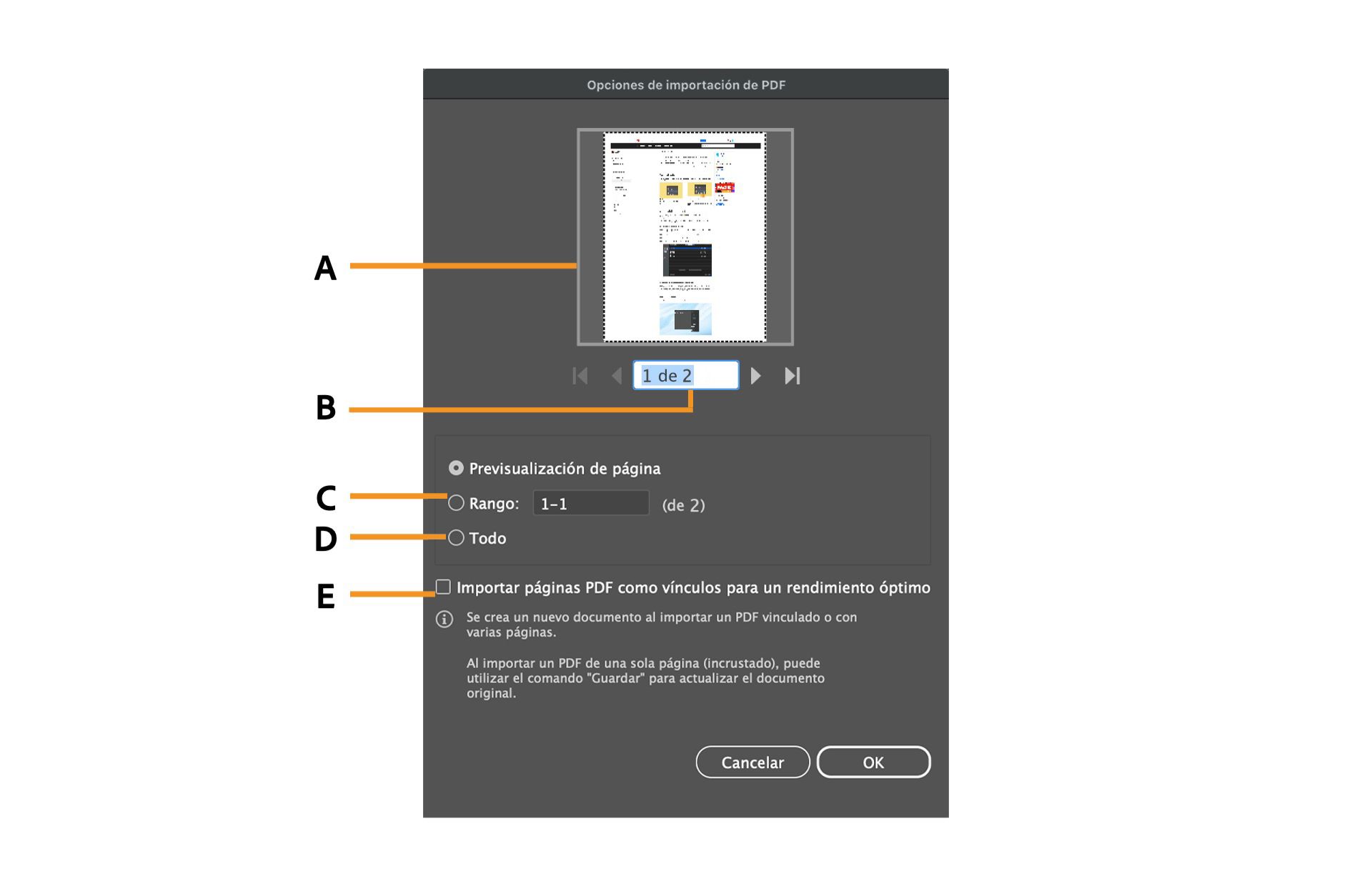 Cuadro de diálogo Opciones de importación de PDF con las opciones para seleccionar páginas específicas.
