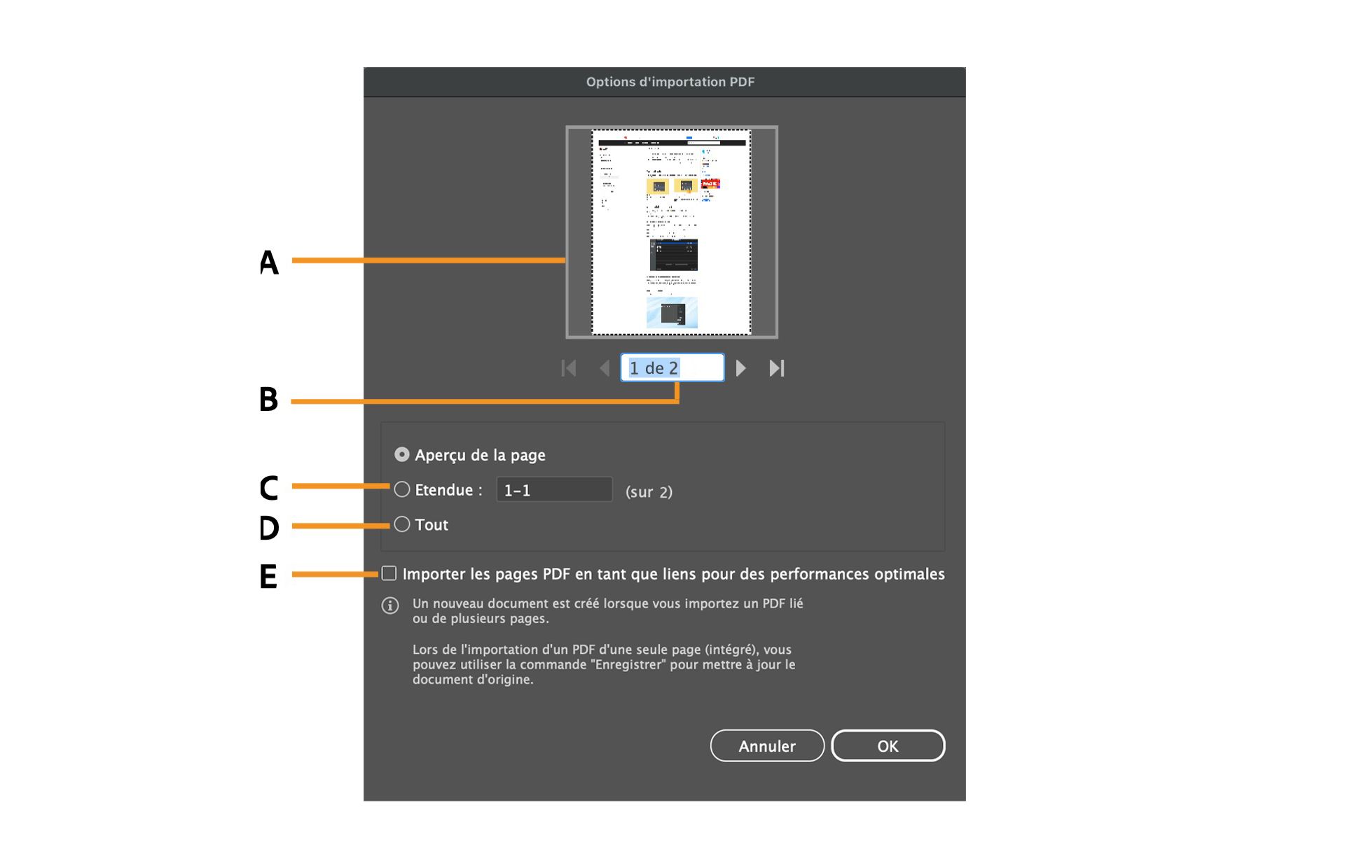 Boîte de dialogue Options d’importation PDF avec les options permettant de sélectionner des pages spécifiques.