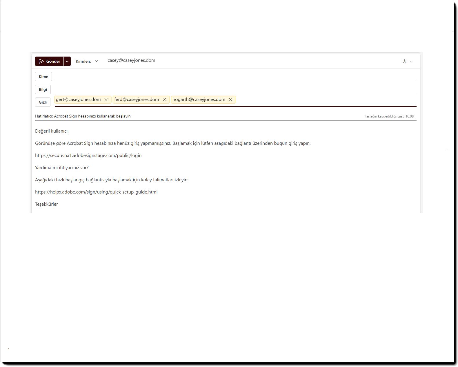 Ayrıca BCC alanında üç kullanıcı e-postası içeren Bekleyen Davetler e-posta şablonu örneği