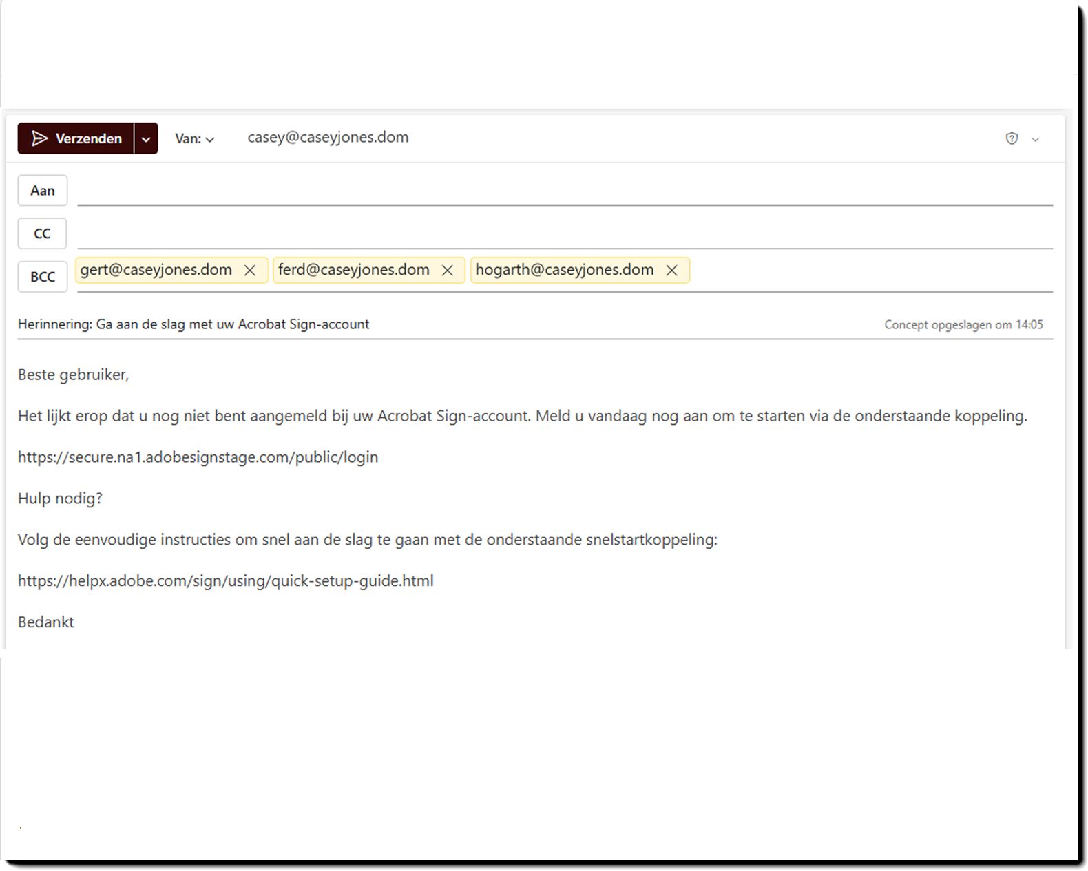 Voorbeeld van de e-mailsjabloon voor uitnodigingen in behandeling met drie gebruikers-e-mails in het BCC-veld