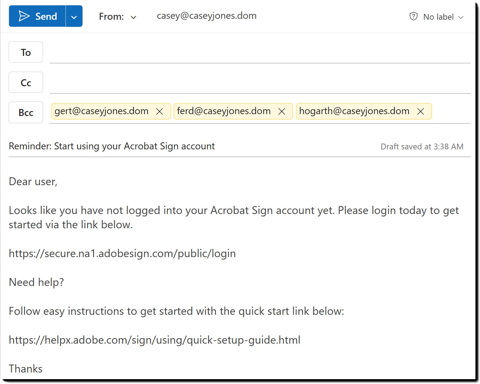 Og eksempel på mailskabelonen Afventende invitationer med tre brugermails i BCC-feltet