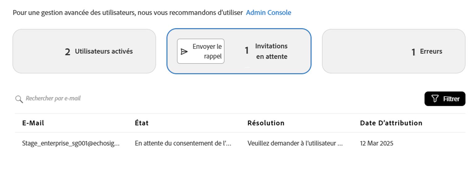 Page Utilisateurs affichant la vue Invitations en attente