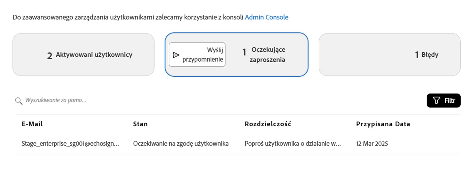 Strona Użytkownicy wyświetlająca widok Oczekujące zaproszenia