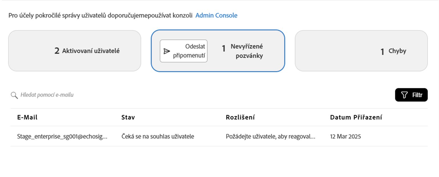 Stránka Uživatelé se zobrazením Nevyřízené pozvánky
