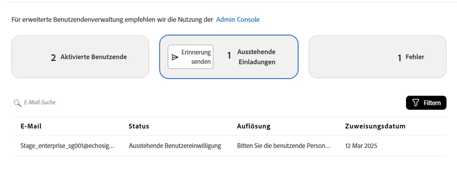 Die Seite „Benutzende“ mit der Ansicht „Ausstehende Einladungen“