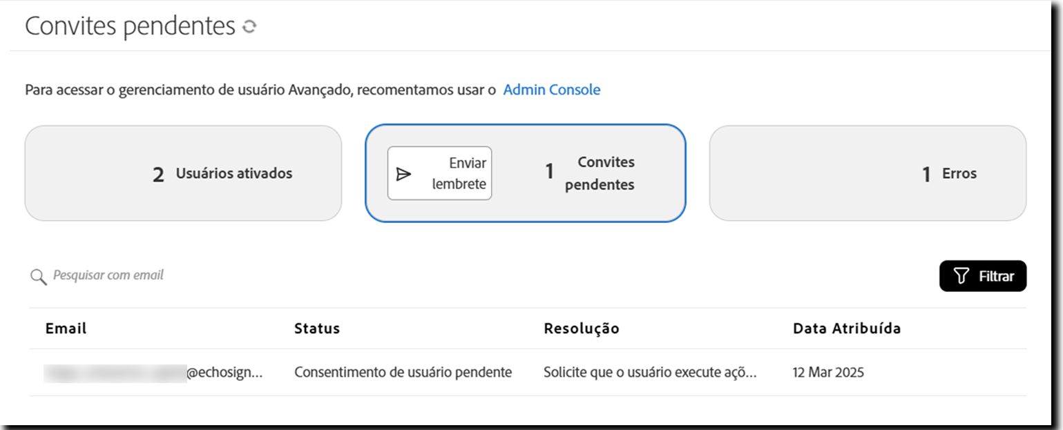 A página “Usuários”, mostrando a visualização de “Convites pendentes”