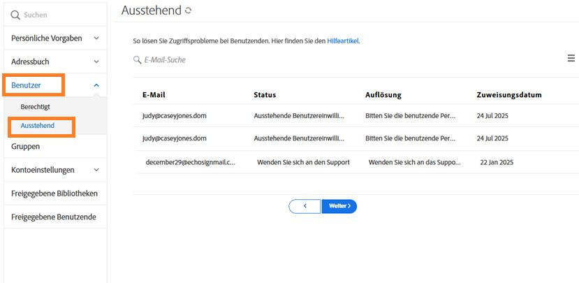 Das Admin-Menü mit erweiterter Registerkarte „Benutzende“ und dem Untermenü „Ausstehend“