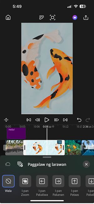 Nagbubukas ang Photo motion control panel na nagpapakita ng mga opsyon tulad ng Pan Zoom, Pan Left, Pan Right, Pan Up, at Pan Down para i-animate ang larawan sa timeline.