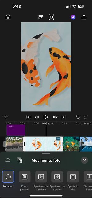 Panello di controllo Animazione foto aperto che mostra opzioni di animazione quali Panning e zoom, Pannin a sinistra, Panning a destra, Panning verso l’alto e Panning verso il basso per animare una foto nella timeline.