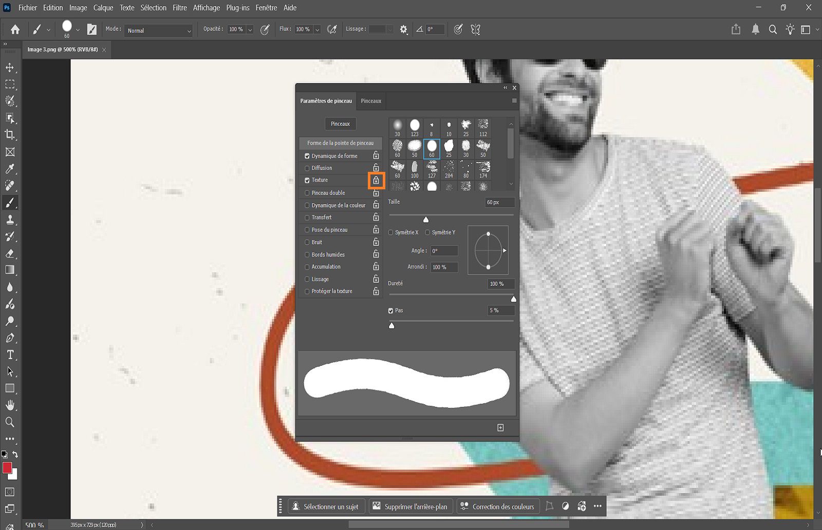 Panneau Paramètres de pinceau de Photoshop ouvert avec options pour ajuster la forme de la pointe du pinceau, la taille, la dureté et l’espacement.
