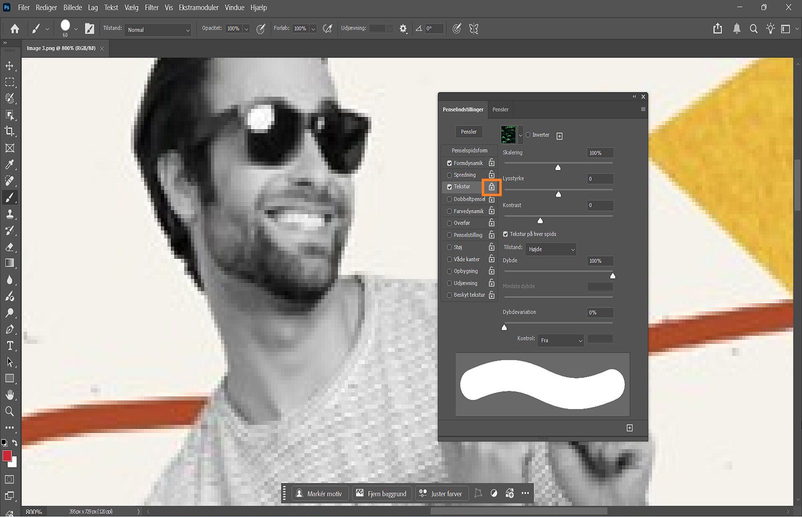Photoshop-panelet Penselindstillinger åbent med indstillinger til at justere penselspidsform, størrelse, hårdhed og mellemrum.