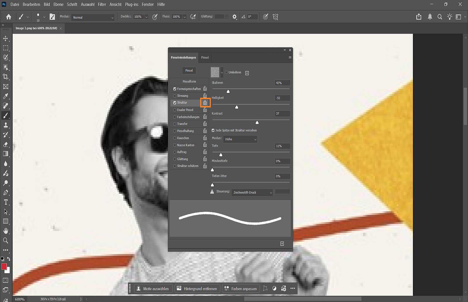 Das Einstellungsbedienfeld für Pinsel in Photoshop ist geöffnet und bietet Optionen zum Anpassen von Pinselspitzenform, Größe, Härte und Abstand