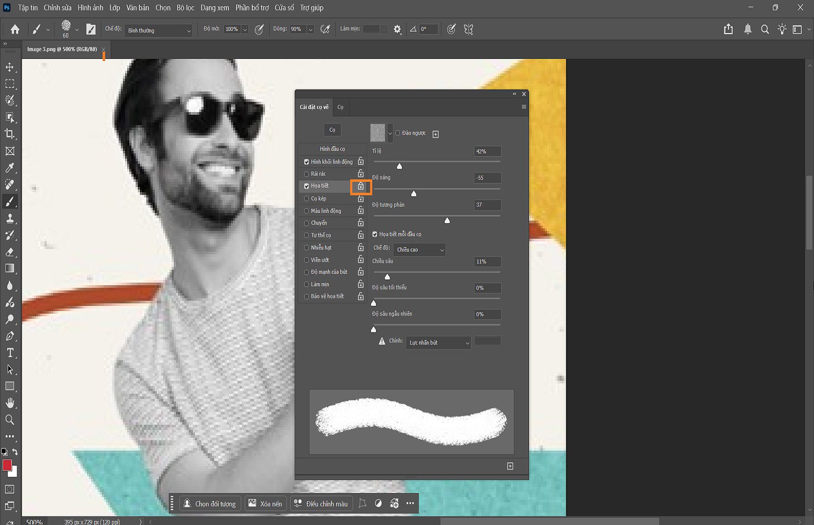 Bảng Cài đặt cọ trong Photoshop đang mở, cho thấy các tùy chọn để điều chỉnh hình dạng, kích thước, độ cứng và khoảng cách của đầu cọ.
