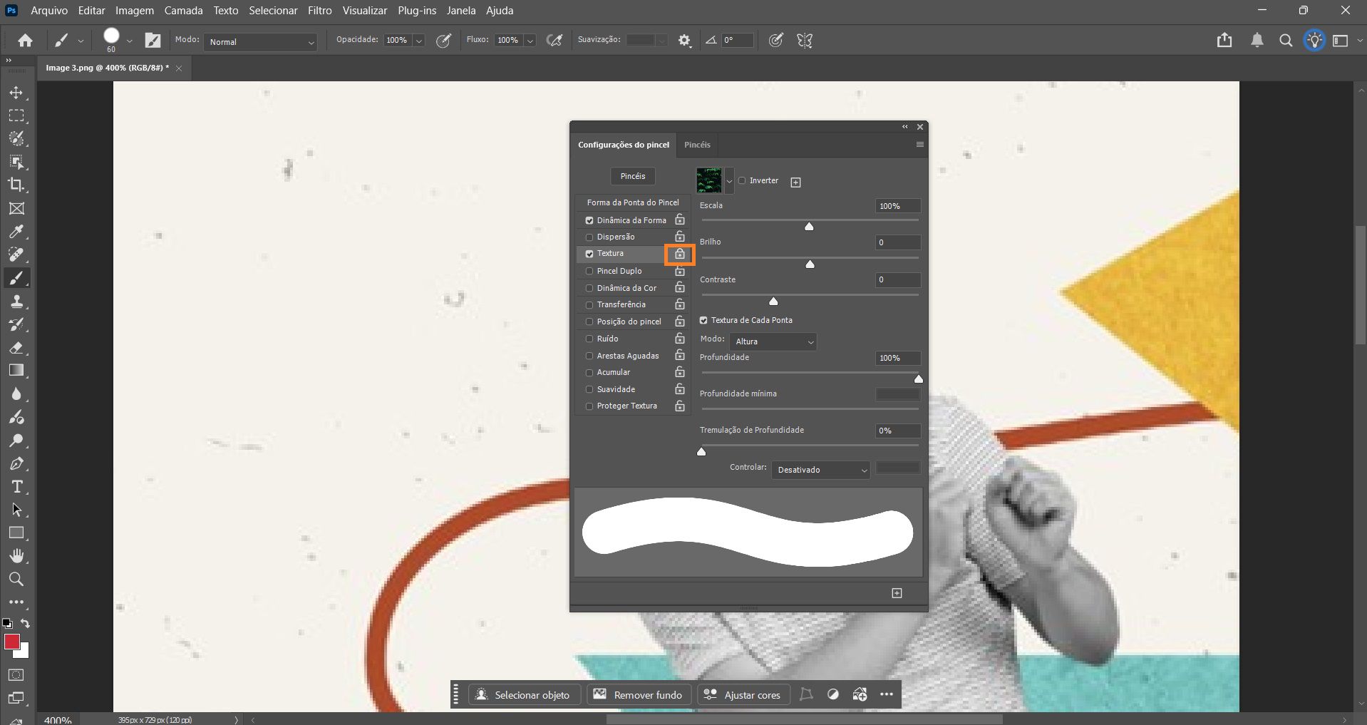 Painel Configurações de Pincel do Photoshop aberto com opções para ajustar formato da ponta do pincel, tamanho, dureza e espaçamento. 