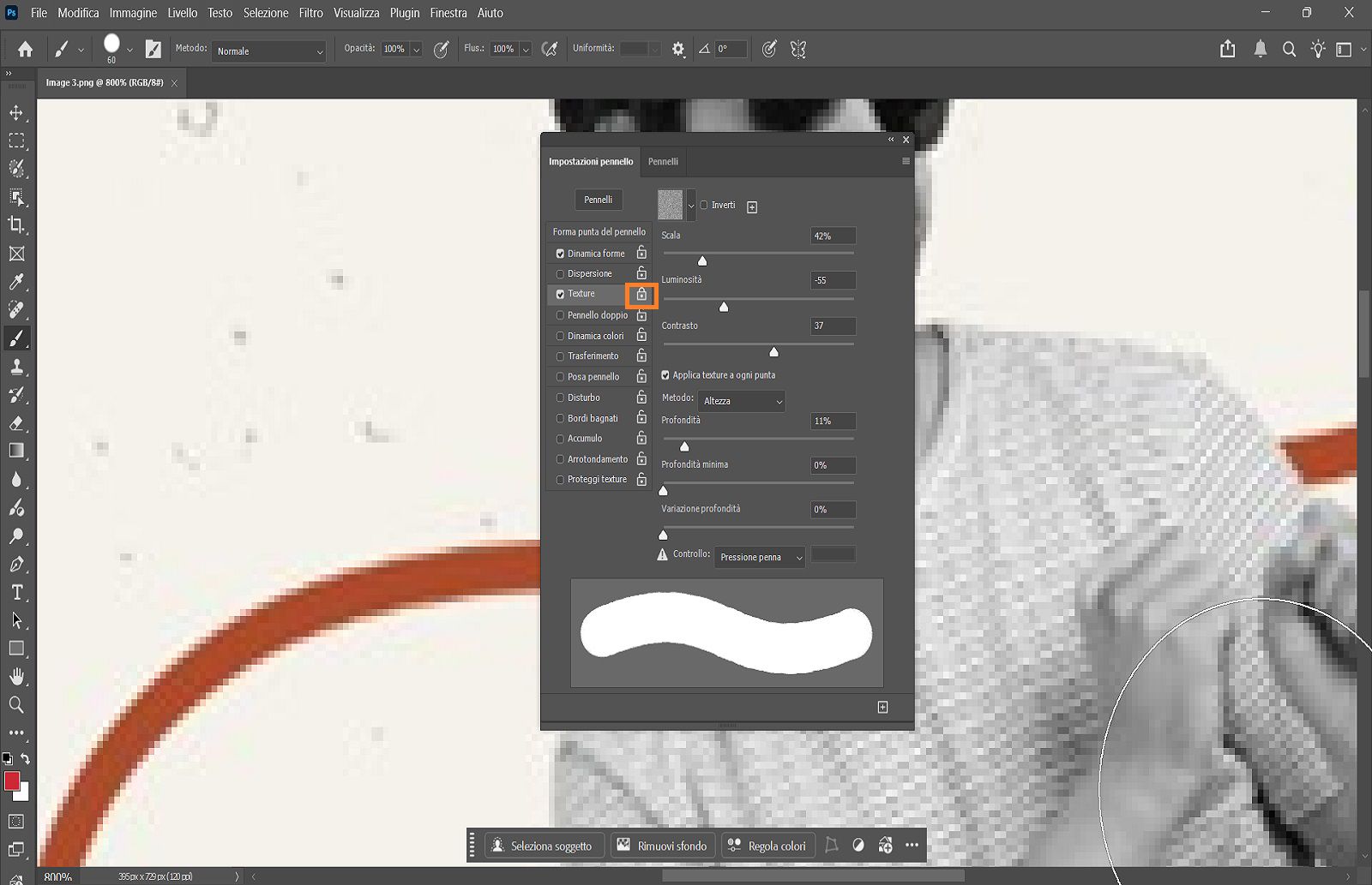 Pannello Impostazioni pennello di Photoshop aperto con options per regolare la punta del pennello, dimensione, durezza e spaziatura.