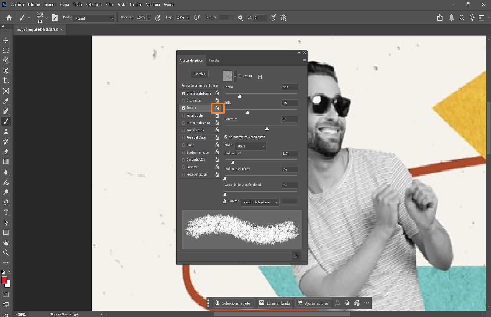 Panel Brush Settings de Photoshop abierto con options para ajustar la forma de la punta del pincel, tamaño, dureza y espaciado.