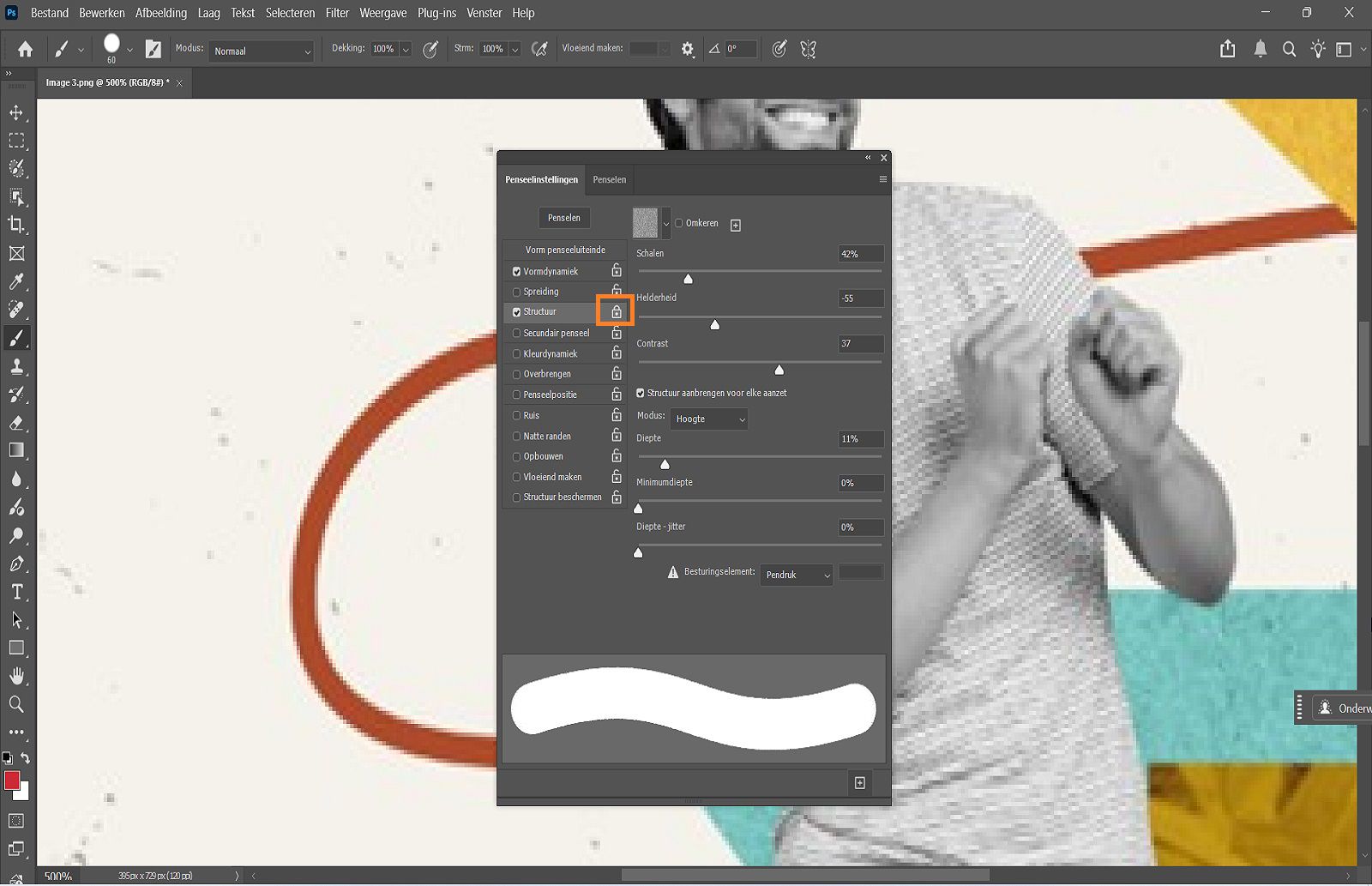 Photoshop Deelvenster Penseelinstellingen geopend met options om de vorm, grootte, hardheid en tussenruimte van het penseeluiteinde aan te passen.