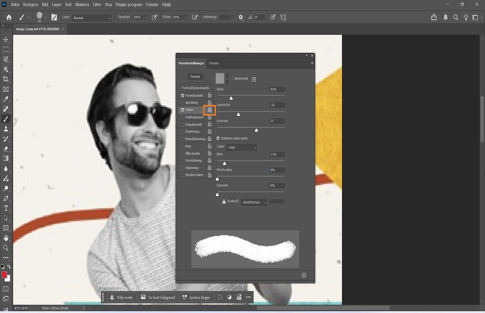 Photoshop Brush Settings panel öppen med options för att justera penselspetsform, storlek, hårdhet och mellanrum.