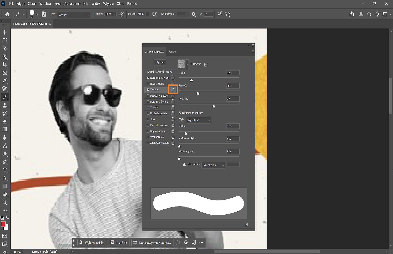 Panel Ustawienia pędzla w programie Photoshop otwarty z opcją dostosowania kształtu końcówki pędzla, rozmiaru, twardości i odstępów