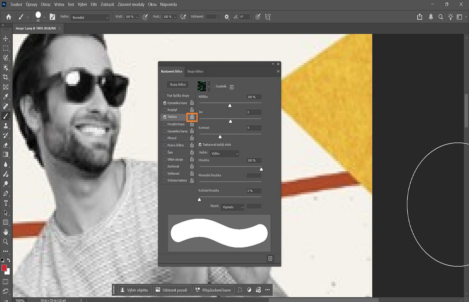 Panel Nastavení štětce v aplikaci Photoshop s volbami pro úpravu tvaru špičky stopy, velikosti, tvrdosti a mezer