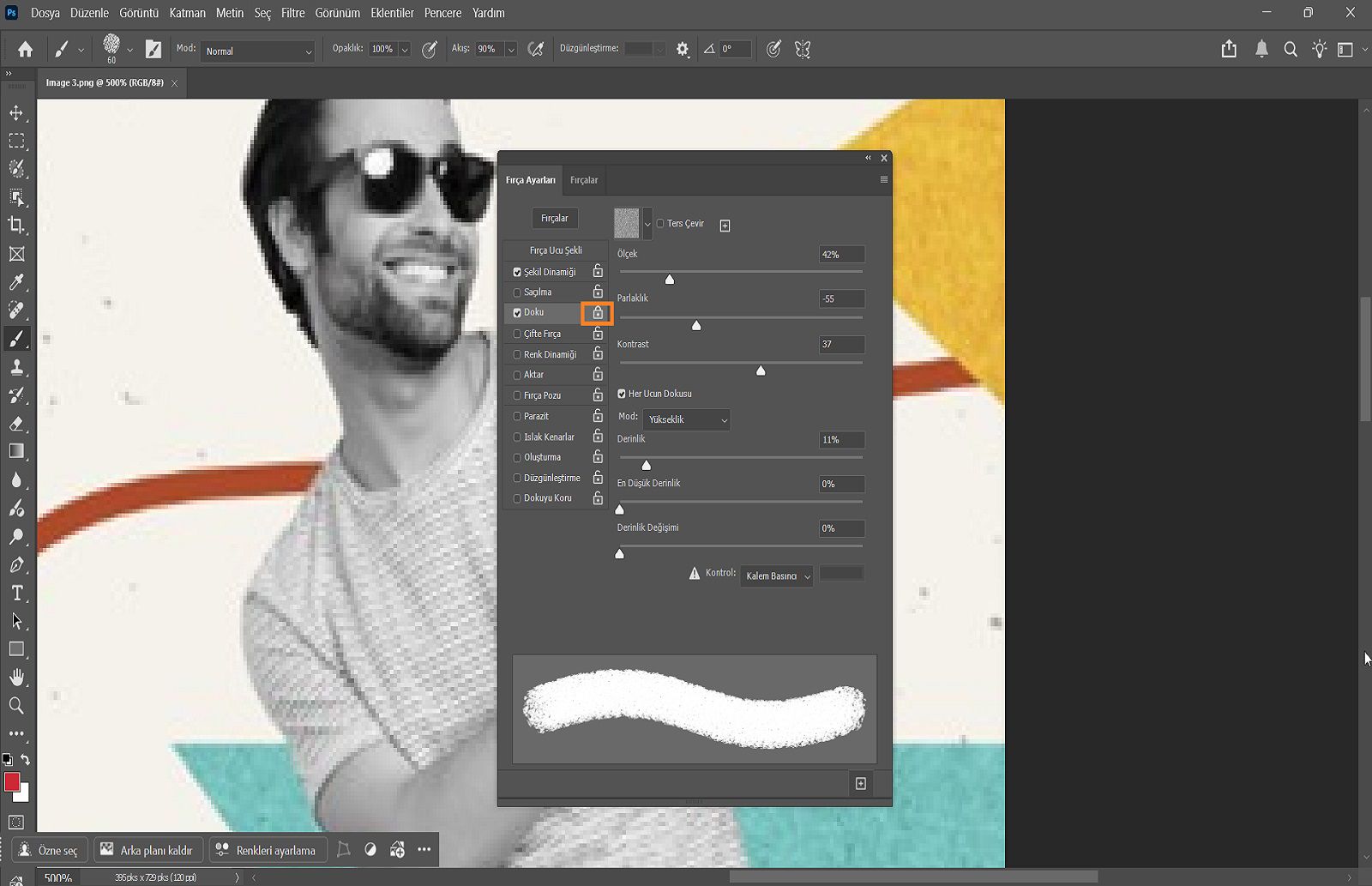 Fırça ucu şeklini, boyutunu, sertliğini ve aralığını ayarlama seçeneklerini içeren açık Photoshop Fırça Ayarları paneli.