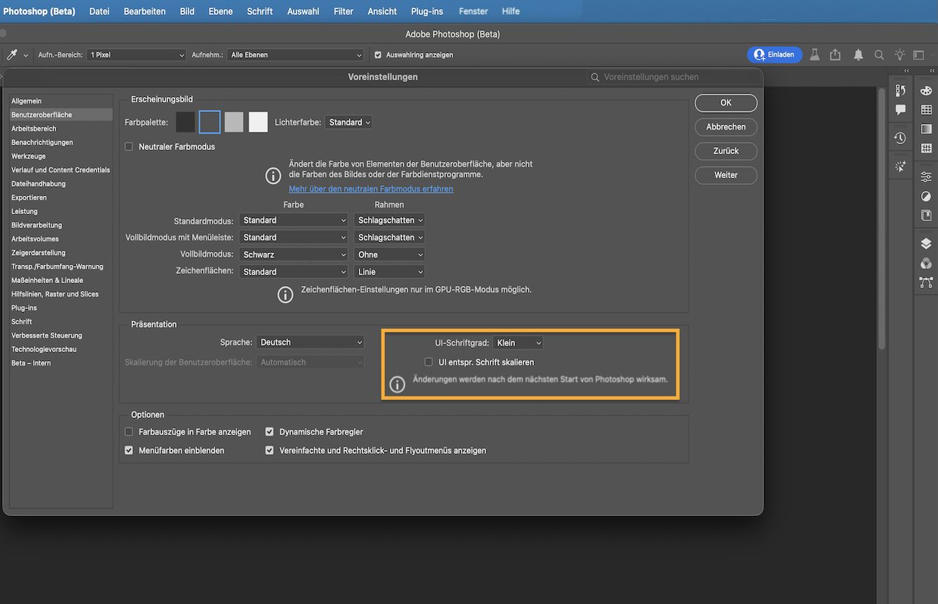 Dialog „Voreinstellungen“ in Photoshop mit Dropdown-Menü für Benutzeroberflächen-Schriftgrad mit den Optionen „Sehr klein“, „Klein“, „Mittel“ und „Groß“.