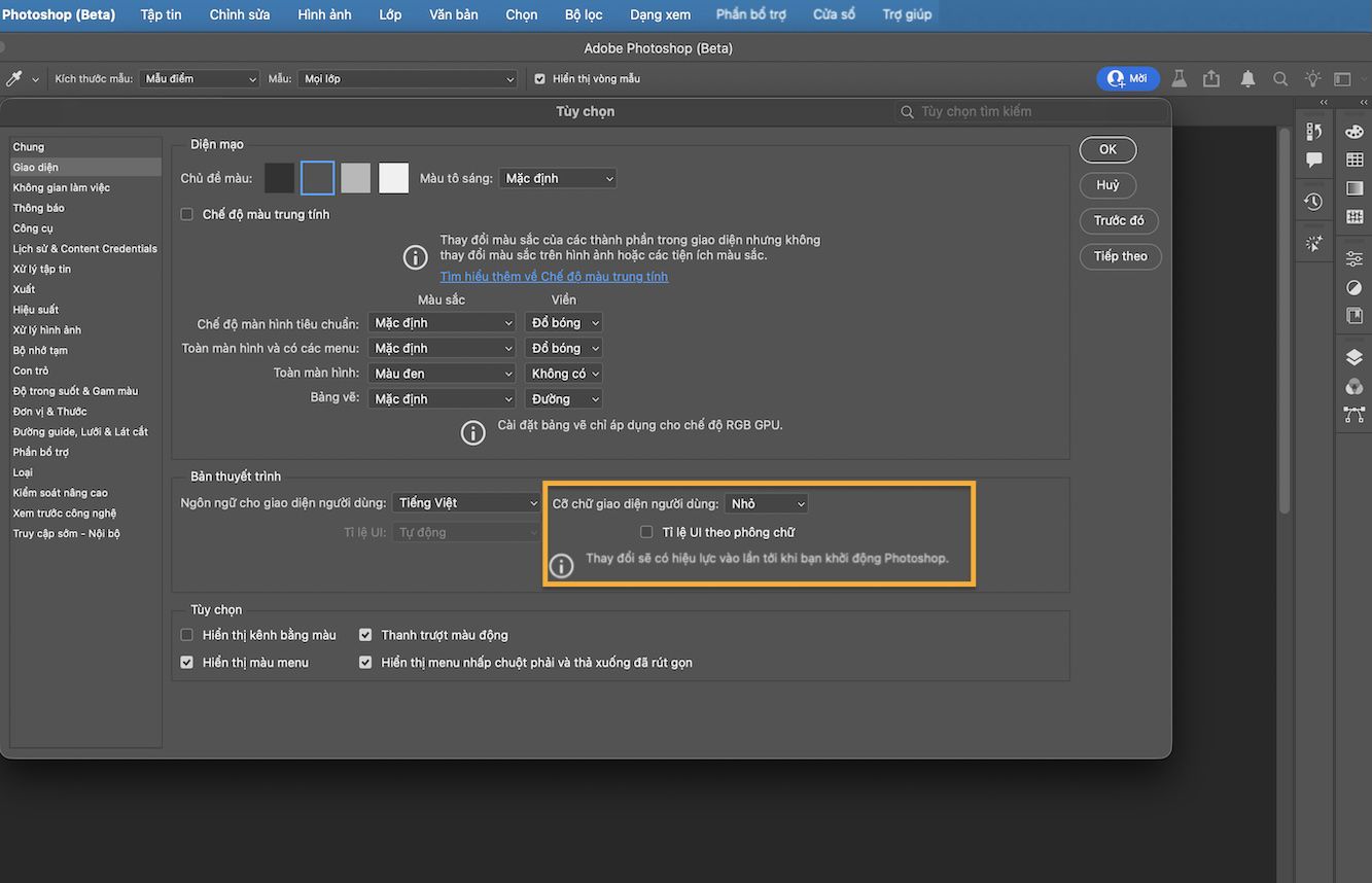 Hộp thoại Tùy chọn của Photoshop với menu thả xuống Cỡ chữ giao diện người dùng hiển thị các tùy chọn Siêu nhỏ, Nhỏ, Vừa và Lớn.