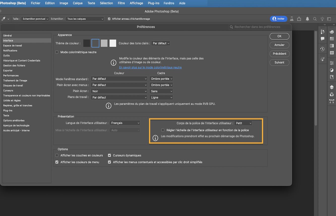 Boîte de dialogue Préférences de Photoshop avec le menu déroulant Taille de police de l’interface utilisateur affichant les options Minuscule, Petite, Moyenne et Grande.