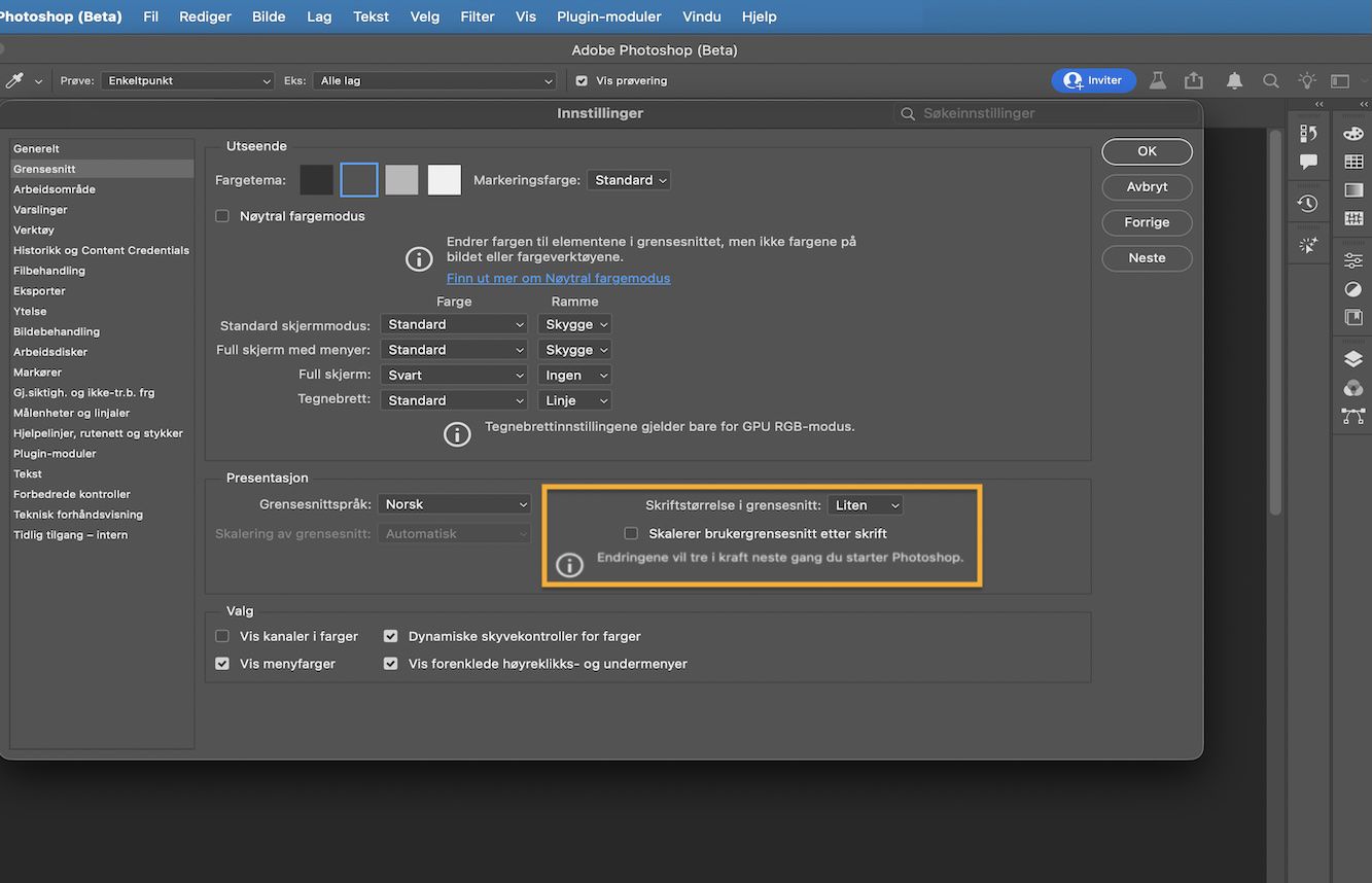 Photoshop Innstillinger-dialogboks med UI-skriftstørrelse-nedtrekksmeny som viser Veldig liten, Liten, Medium og Stor alternativer.
