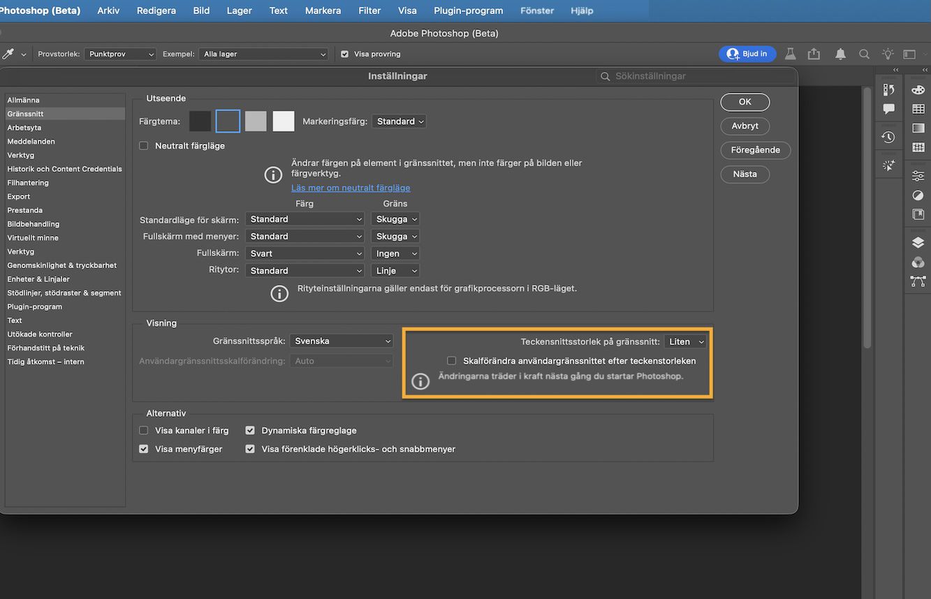 Photoshop Inställningar-dialogrutan med UI Font Size-rullgardinsmeny som visar alternativen Mycket liten, Liten, Medium och Stor.