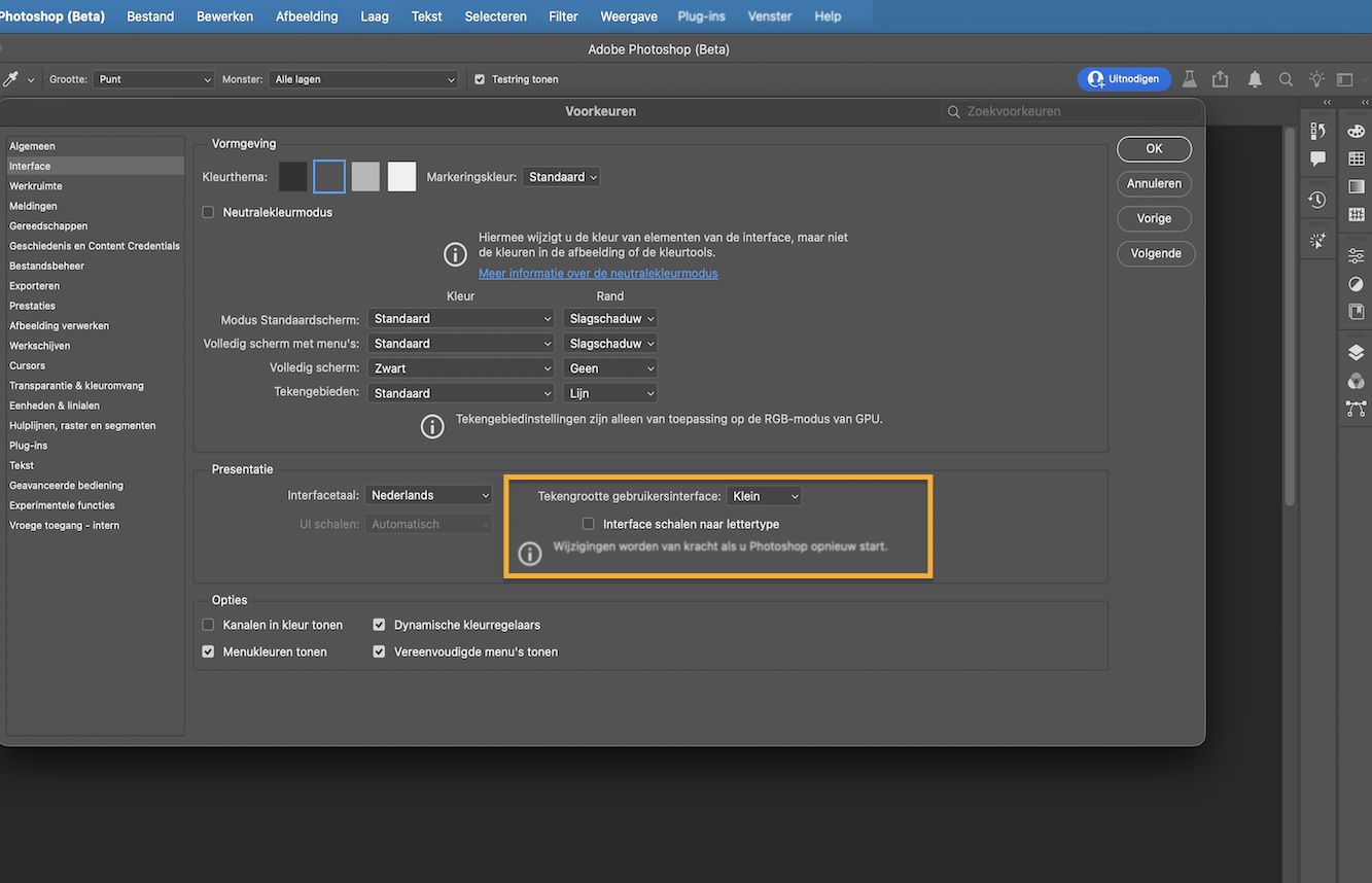 Photoshop Voorkeuren-dialoogvenster met UI-tekengrootte-dropdown met de opties Zeer klein, Klein, Medium en Groot.
