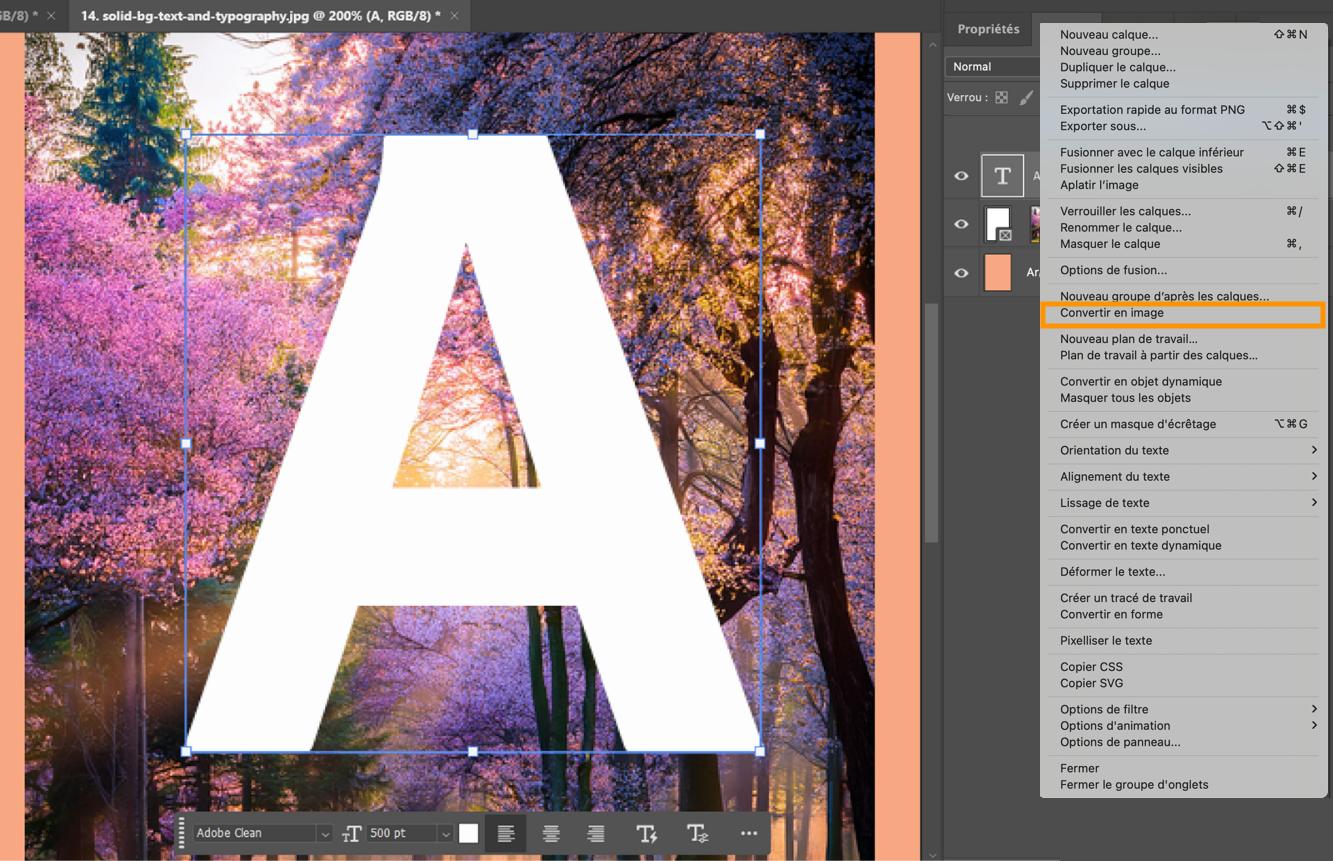 Document Photoshop avec calque de texte sélectionné, image sous le texte et option Convertir en cadre mise en évidence dans le menu contextuel.