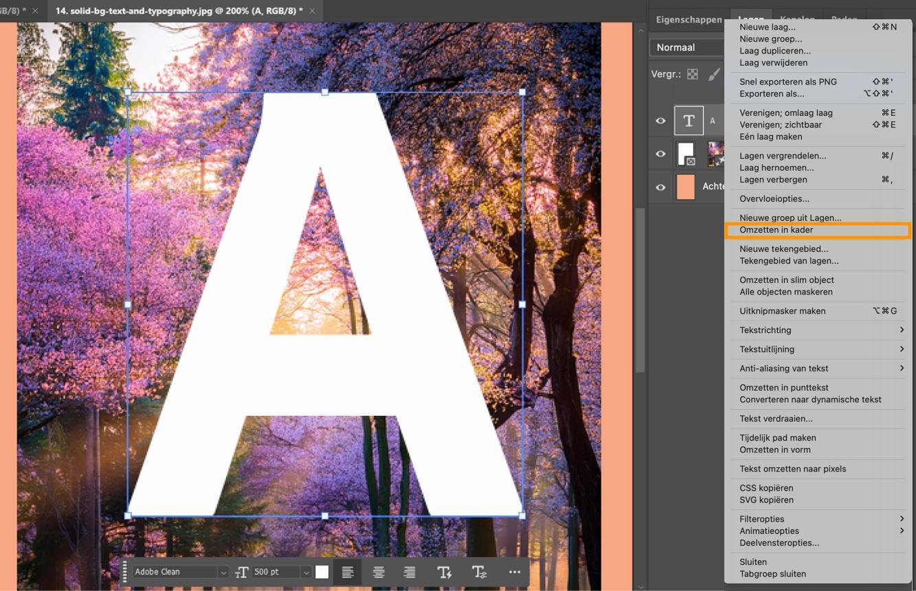 Photoshop document met geselecteerde tekstlaag, afbeelding onder tekst en Convert to Frame-optie gemarkeerd in contextmenu.