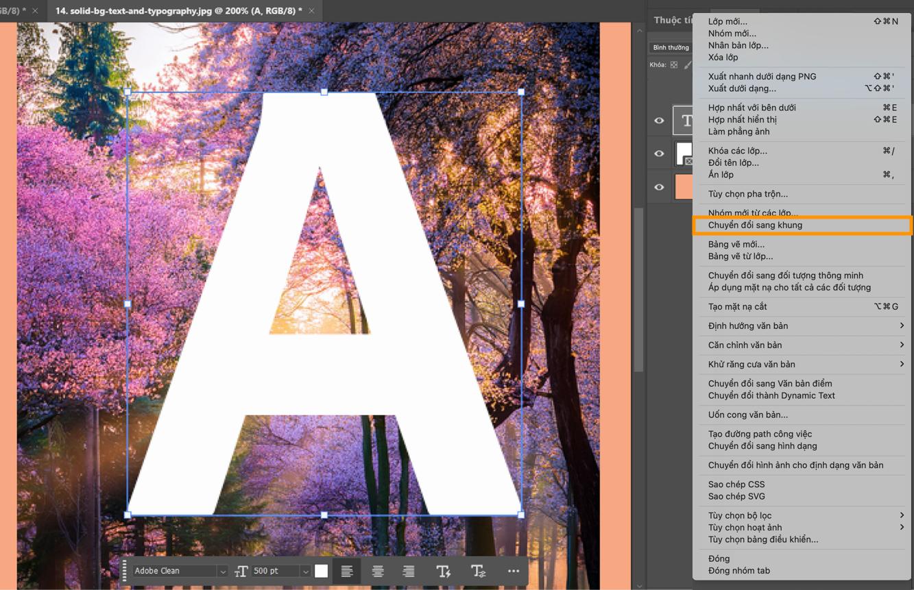 Tài liệu Photoshop với lớp văn bản được chọn, hình ảnh bên dưới văn bản và tùy chọn Chuyển đổi sang khung được làm nổi bật trong menu theo ngữ cảnh.
