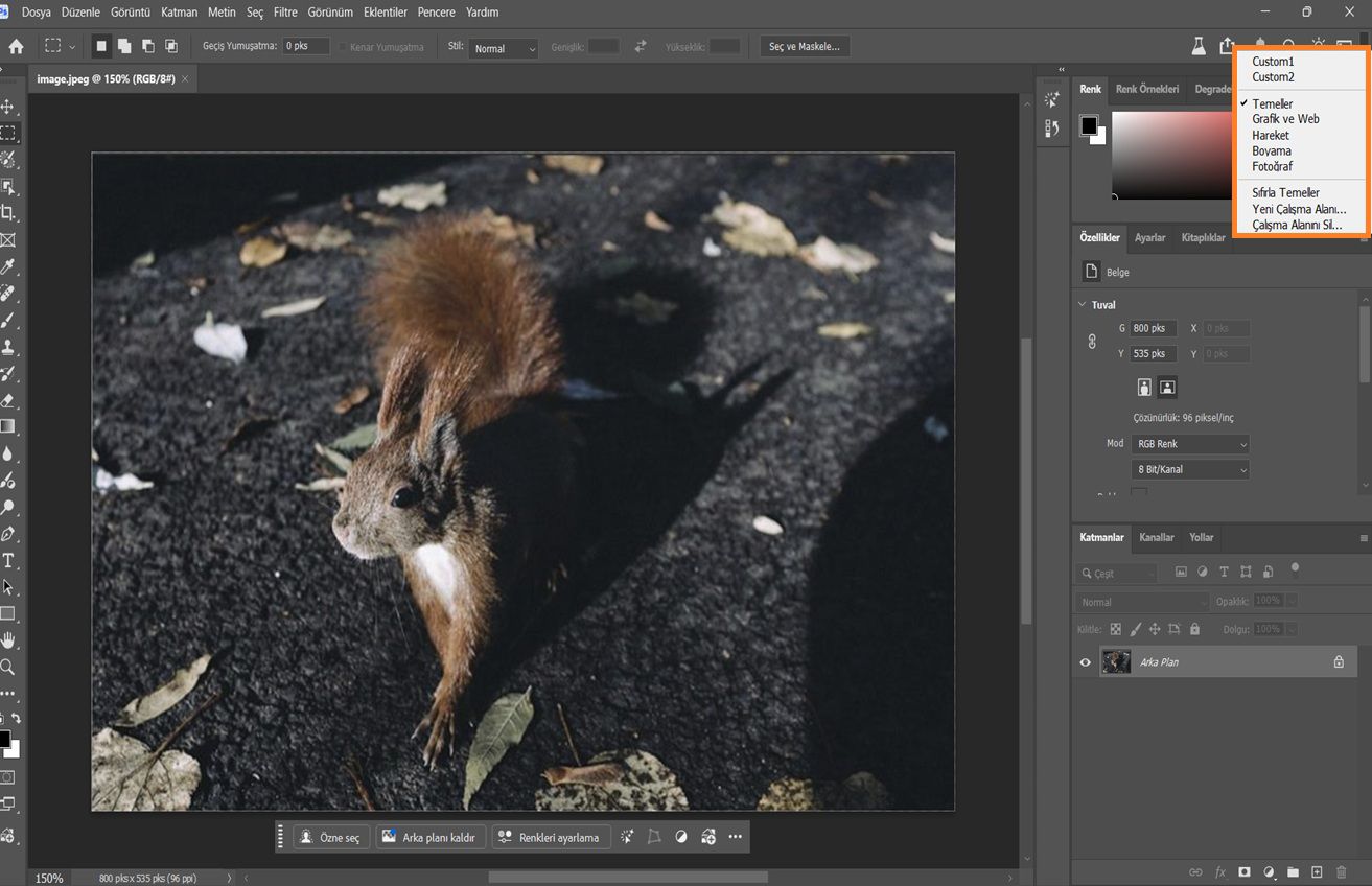 Photoshop arayüzünde Temeller, Fotoğrafçılık ve özel çalışma alanları gibi seçeneklerin bulunduğu Çalışma Alanı Seç açılır menüsü görüntüleniyor.