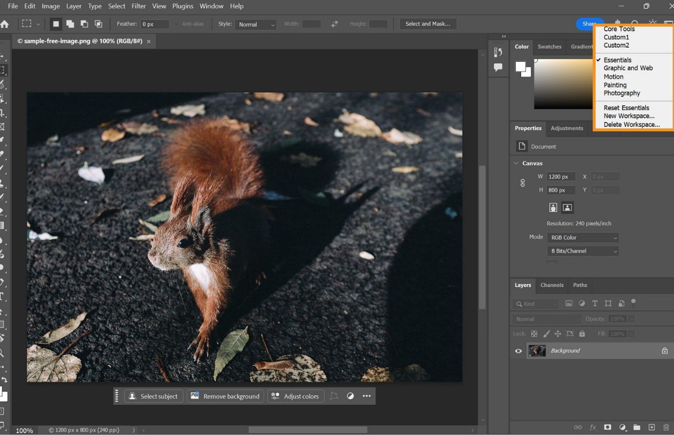 อินเตอร์เฟส Photoshop แสดงดรอปดาวน์ เลือกพื้นที่ทำงาน ที่มีตัวเลือกต่างๆ เช่น Essentials, Photography และพื้นที่ทำงานแบบกำหนดเอง