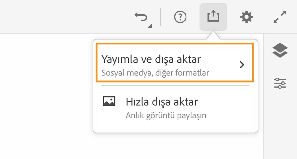 Yayımla ve Dışa Aktar seçeneği